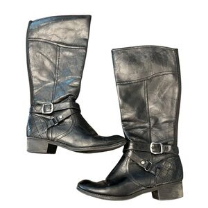Unisa Women's Knee High Black Man Made Buckled Boots Zip Up Size 10M Stretch‎